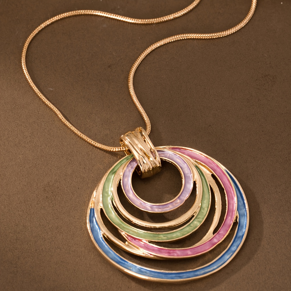 Geometric Oval Pendant Necklace Multicolor Gradient Lightweight